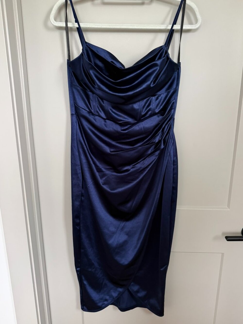 Navy Blue Satin Corset Midi Dress